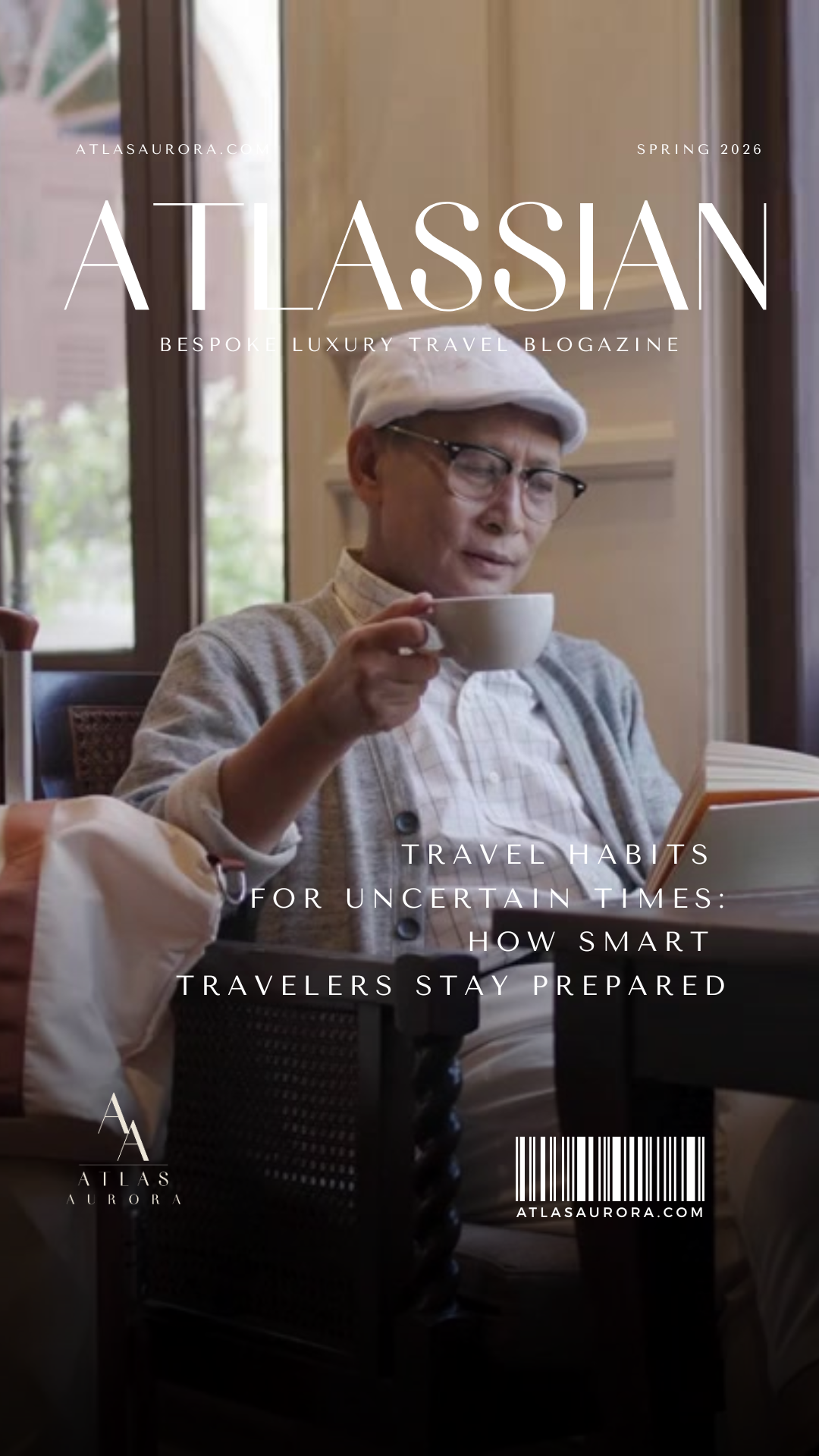 Experienced traveler calmly enjoying coffee while reading during a quiet travel moment