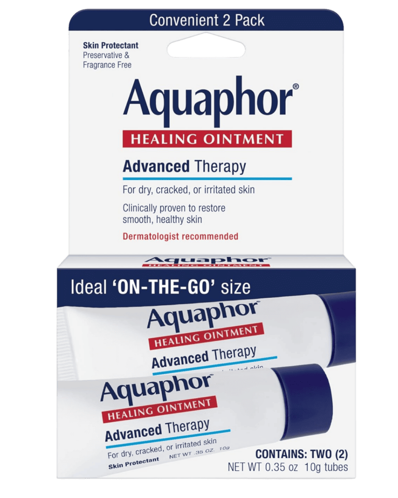 Travel-size Aquaphor Healing Ointment for dry lips and skin during air travel