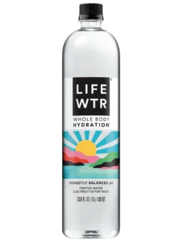 LIFEWTR one-liter water bottle for staying hydrated during air travel