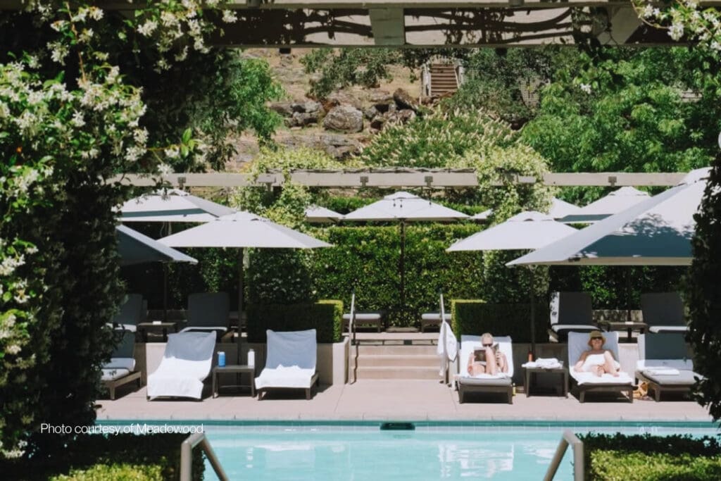 Pool and landscaped gardens at Meadowood Napa Valley in St. Helena, California