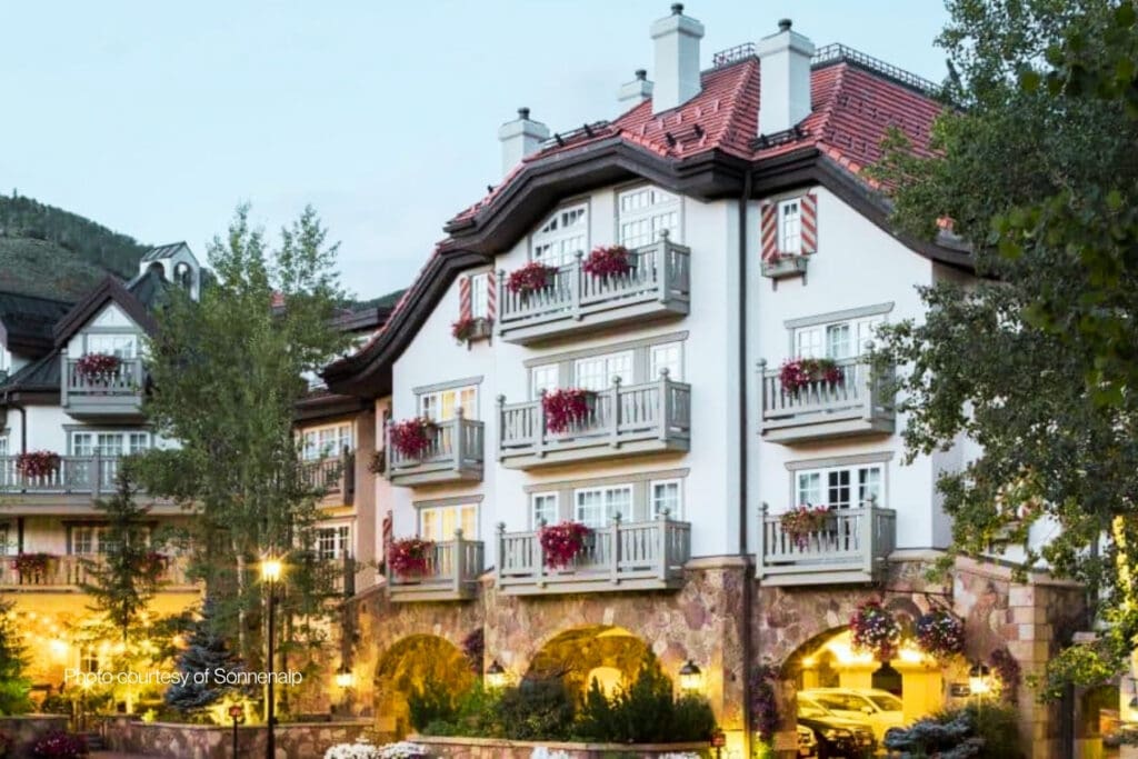 Sonnenalp hotel in Vail, Colorado, with Bavarian-style architecture and flower-filled balconies
