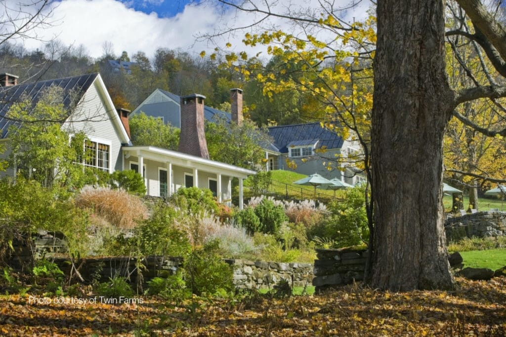 Twin Farms luxury hotel in Barnard, Vermont, surrounded by gardens and autumn foliage