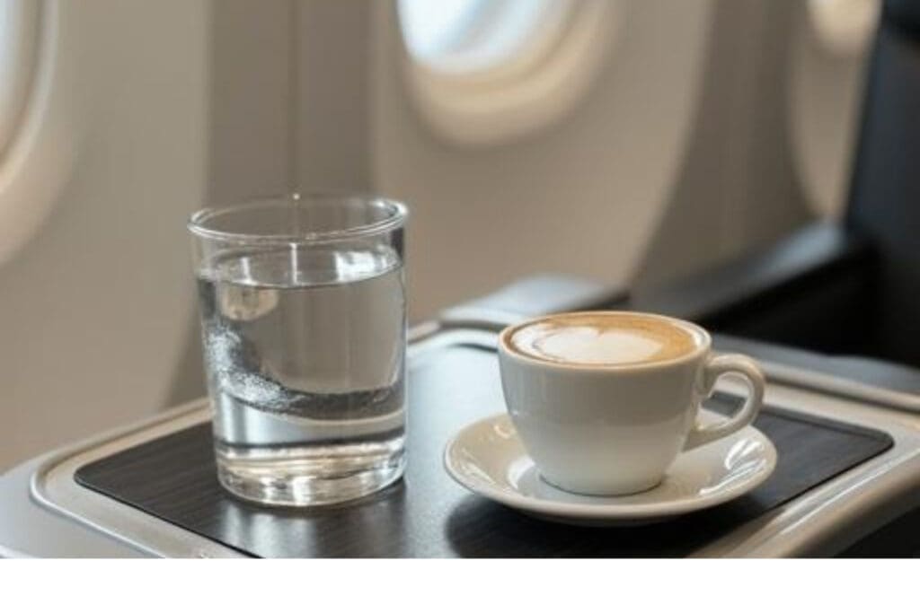 Glass of water and cup of coffee on an airplane tray during a flight