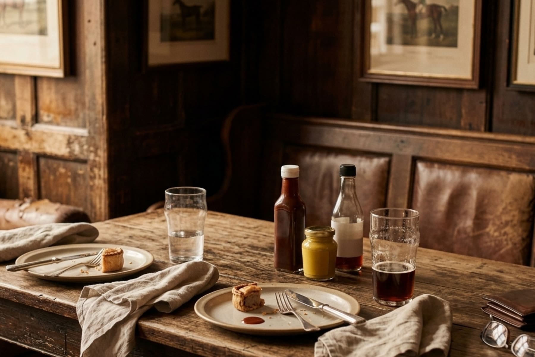 Atmospheric English pub table with British condiments after a meal