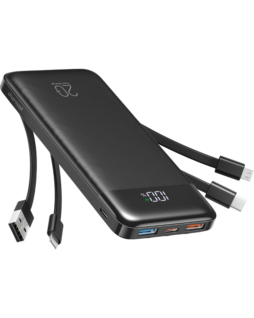 Charmast 20,000mAh portable charger power bank with built-in charging cables