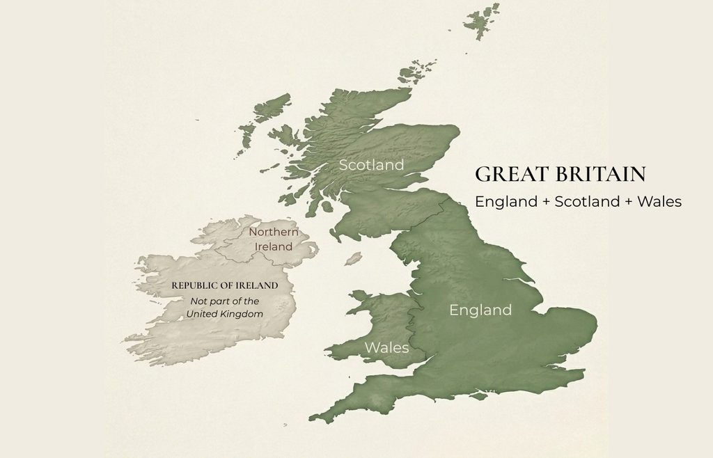 Map highlighting Great Britain, including England, Scotland and Wales