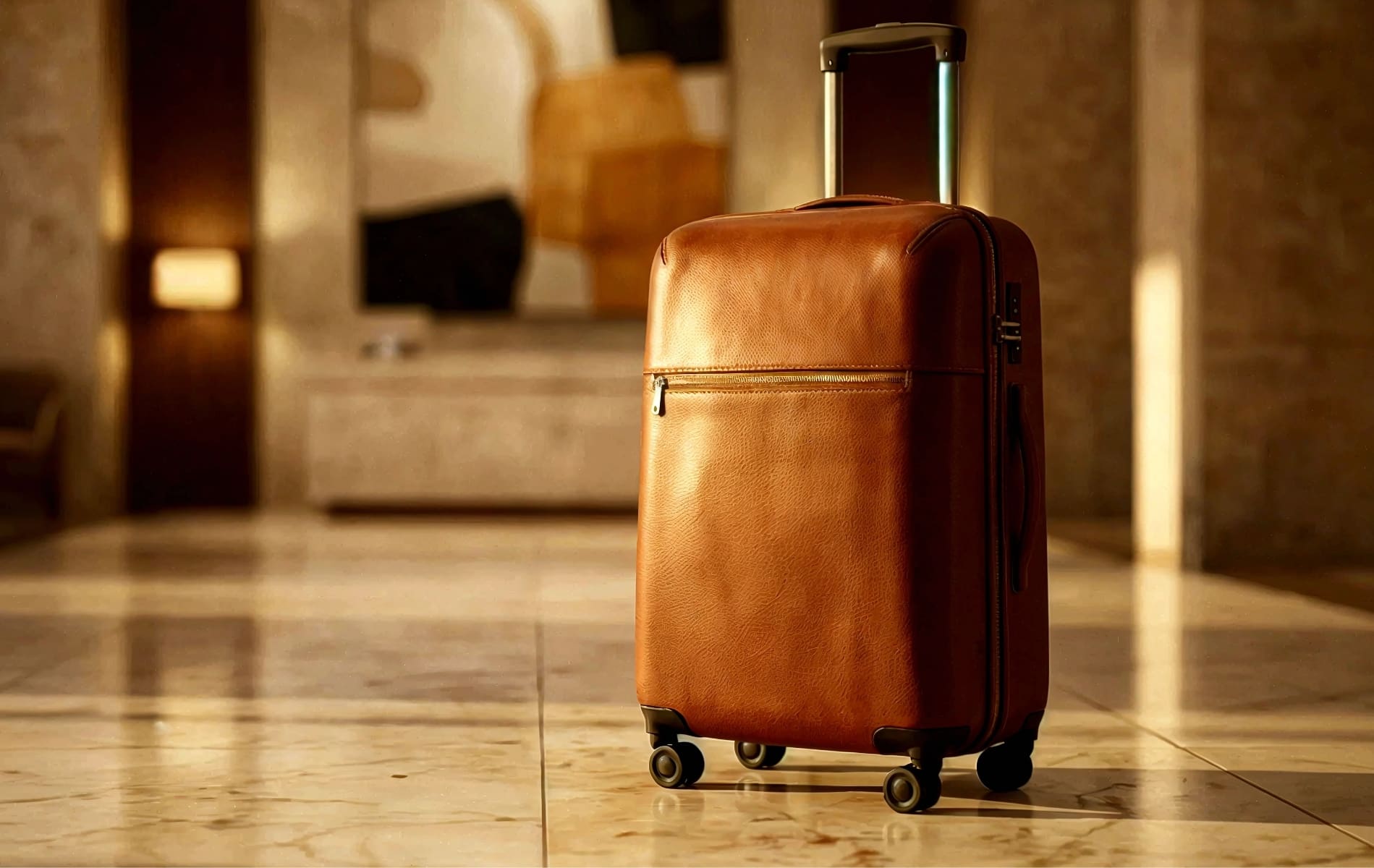 Carry-on suitcase in a hotel, illustrating international travel and the need for power adapters abroad