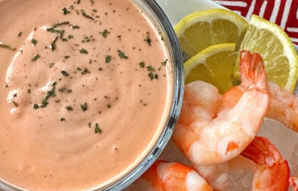 Marie Rose sauce served with prawns and lemon