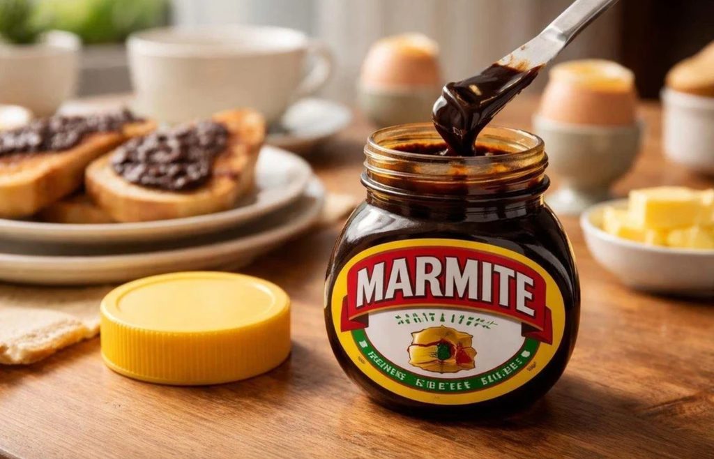 Jar of Marmite with toast and breakfast items
