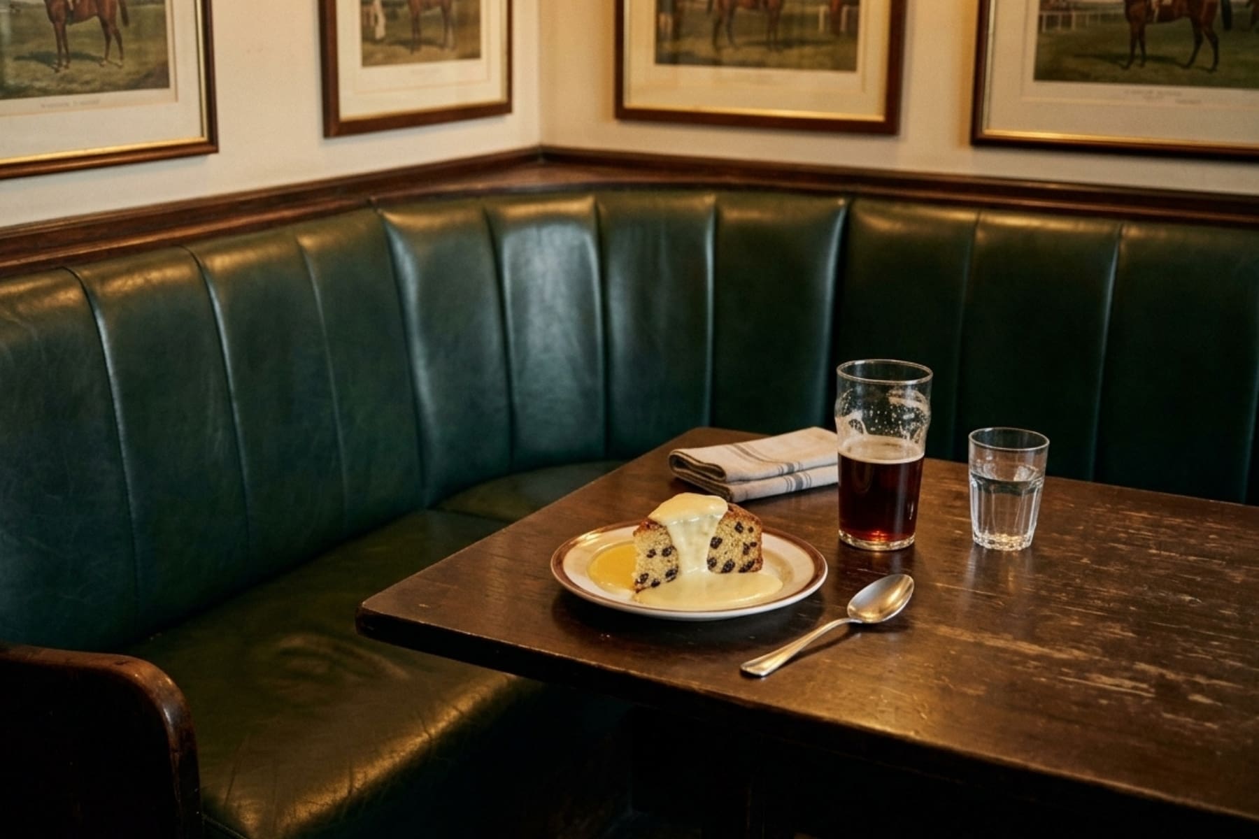 Traditional spotted dick pudding with custard in a British dining setting
